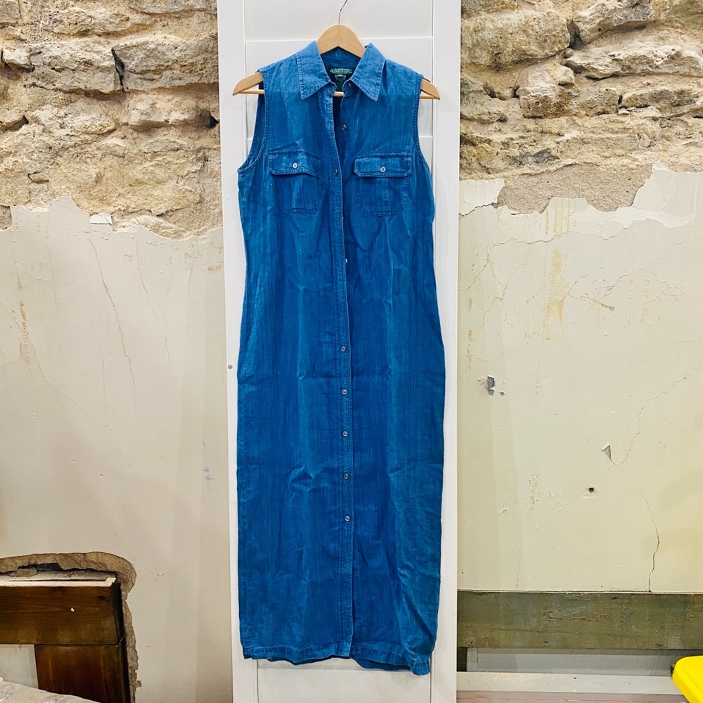 Lauren Ralph Lauren 100% Linen Button Down Sleeveless Dress Indigo M